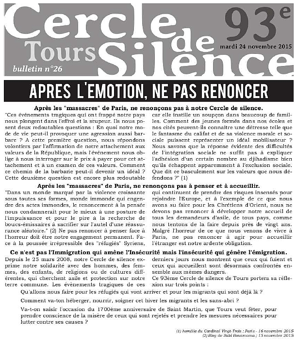 Bulletin 26 Cercle de Silence de Tours extrait 1ère Page